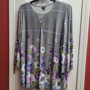 Linksys Black and Purple Floral Plaid Blouse